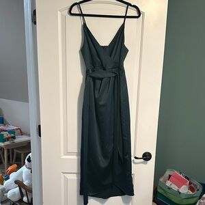 Lulu's Hunter Green Satin Wrap High-Low Dress